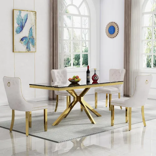 Vista 30 de HomVent - Juego de mesa de comedor de mármol sintético de 68 pulgadas con 4 sillas de terciopelo para cocina Modern Rectangular Faux Marble
