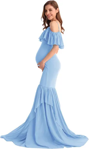 Vista 16 de MYRISAM Vestido de maternidad con volantes y hombros descubiertos para mujer, vestido de fiesta de sirena de gasa, vestido ajustado