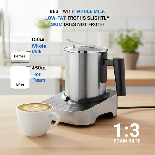 Vista 2 de Espumador de leche eléctrico 4 en 1 y vaporizador, jarra de acero inoxidable de 13.5 onzas con apagado automático, máquina de espuma fría y caliente