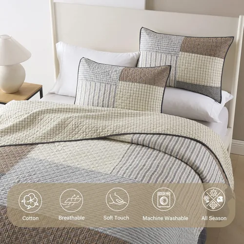 Vista 4 de Finlonte Colchas tamaño Queen 100% algodón, ligero y suave, edredón de retazos reales a cuadros, colcha acolchada, marrón, beige, gris, reversible