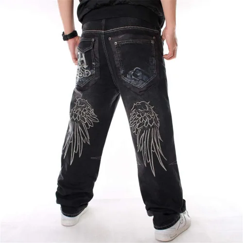 Vista 6 de LUOBANIU Pantalones de mezclilla holgados estilo hip hop vintage para hombre, pantalones de patineta de baile