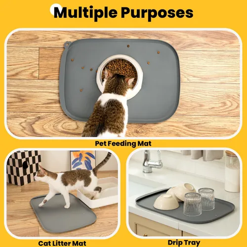 Vista 8 de Tapete de silicona para comida para perros con bolsillo lateral y agujero de gancho, bordes elevados suaves, fácil de limpiar, impermeable, Gris