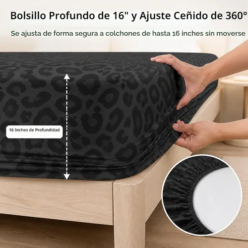 Vista 3 de Juego de ropa de cama con estampado de leopardo, tamaño individual, juego de cama de guepardo africano para decoración de dormitorio de Negro