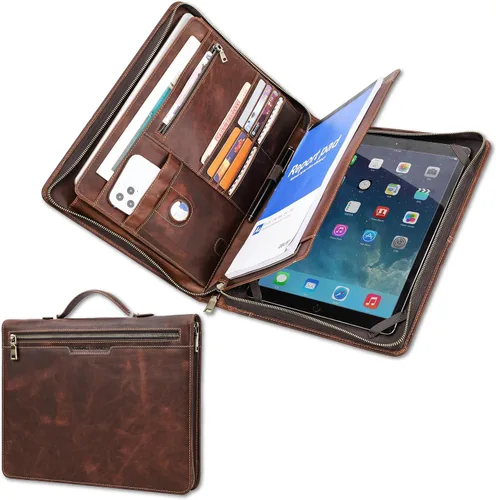 Vista 14 de Top Grain Leather - Padfolio de 8.3 pulgadas para hombres y mujeres, diseño vintage hecho a mano, organizador multifuncional de cartera de negocios