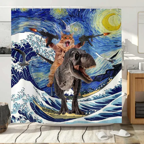 Vista 4 de Divertido juego de cortina de ducha con diseño de gato, dinosaurio japonés con ondas oceánicas, cortinas de baño divertidas para niños, decoración