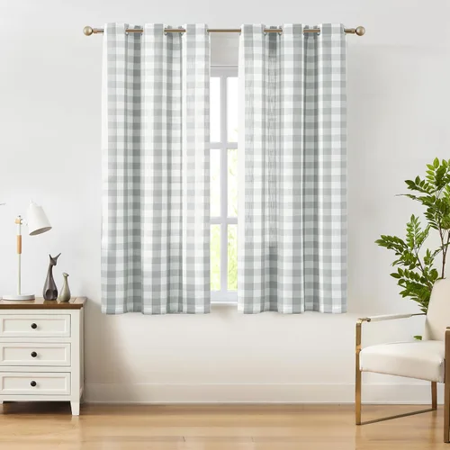 Vista 30 de Amzdecor Cortinas a cuadros con ojales de búfalo de 54 pulgadas de largo, cortinas texturizadas semitransparentes para sala de estar, dormitorio