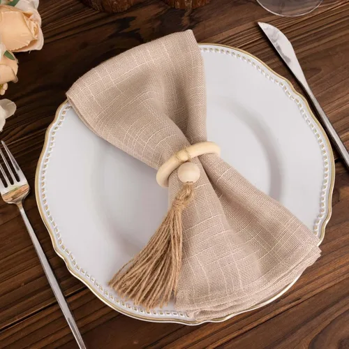 Vista 9 de Efavormart - Paquete de 4 servilleteros de madera color crema con borla tejida de cuentas de yute, estilo granja