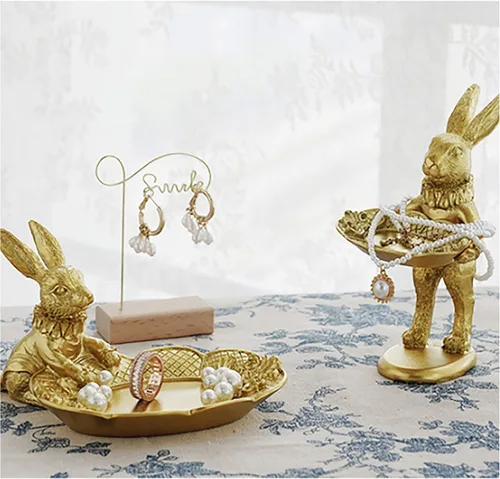 Vista 7 de FANTESTICRYAN Bandeja de joyería decorativa de estatua de conejito pequeño, lindo y retro adorno dorado figura de conejo de Pascua para accesorios