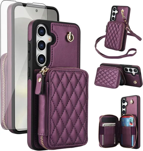 Vista 17 de Asuwish Funda de teléfono para Samsung Galaxy S25 5G Wallet Cell Cover con protector de pantalla de vidrio templado, correa cruzada de muñeca