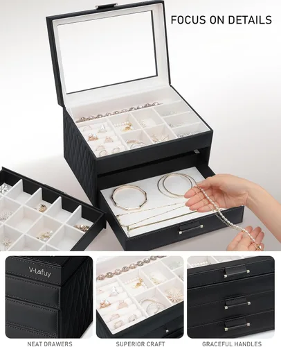 Vista 5 de Joyeros con tapa de cristal, cajas de joyería para mujeres, organizador de joyas de 3 niveles con 2 cajones, estuche de exhibición de joyas, regalo