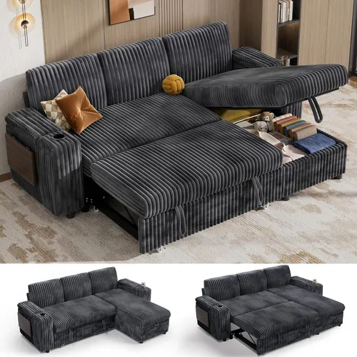 Vista 22 de Vipbear Sofá cama modular de 86 pulgadas con cama extraíble, sofá en forma de L de pana de felpa de 3 asientos con diván de almacenamiento, puertos
