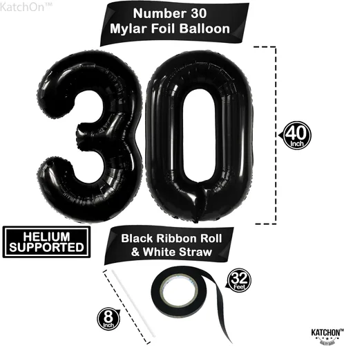Vista 4 de Katchon, Globos negros del número 30, 40 pulgadas, globos negros de 30 cumpleaños, decoraciones de cumpleaños de 30 para él y ella, decoraciones