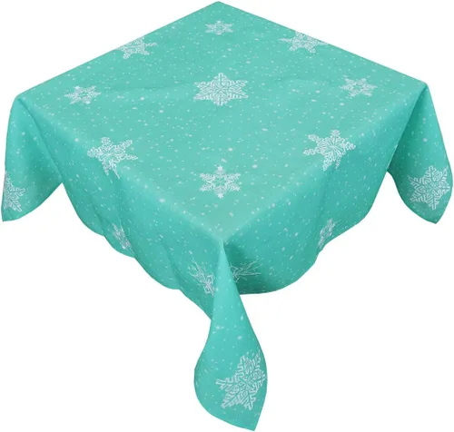Vista 4 de Mantel bordado de copos de nieve para Navidad (azul claro, redondo de 70 pulgadas)