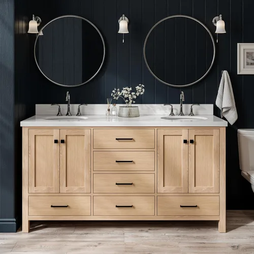 Vista 55 de ARIEL Cambridge tocador de baño con fregadero, madera maciza, encimera y protector contra salpicaduras de cuarzo blanco puro de 1.5 pulgadas