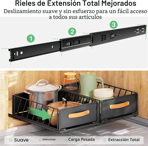 Vista 4 de Organizador de gabinete extraíble fijado con película adhesiva Nano, estantes de despensa deslizantes de alta resistencia, cajón de almacenamiento