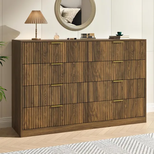 Vista 11 de Cómoda negra con 6 cajones profundos, cómoda acanalada de 55" de ancho para dormitorio con tirador dorado, cómoda moderna para armario, dormitorio