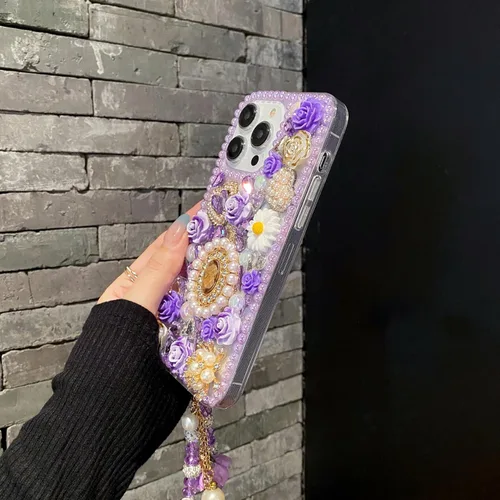 Vista 5 de iFiLOVE para iPhone 7 Plus/8 Plus Funda con Diamantes Brillantes y Correa de Flores, 3D Lujo Brillante Purpurina Cristal Diamantes de Imitación