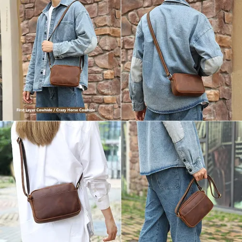 Vista 6 de Bolso cruzado retro para teléfono para hombre, pequeño bolso de hombro de cuero de caballo loco, bolso de mano de alta capacidad para hombre, bolso