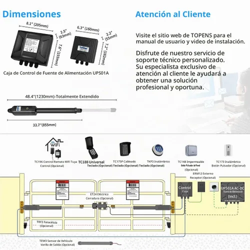 Vista 6 de TOPENS A8132 Abridor de puerta oscilante doble, motor de puerta automático resistente para puertas batientes dobles de hasta 18 pies por brazo