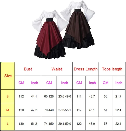 Vista 2 de BPURB Vestido medieval para mujer, disfraz renacentista (parte superior, falda y enagua)