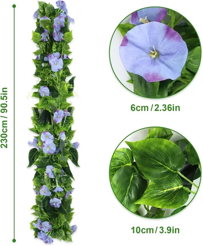 Vista 2 de AirSun Vid de flores artificiales de gloria matutina, 2 plantas colgantes de 15 pies, guirnalda de seda falsa de plantas verdes falsas