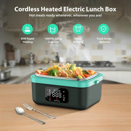 Vista 2 de EDCERATY - Fiambrera eléctrica para adultos, calentador de alimentos autocalentable recargable de 60 W con recipiente de acero inoxidable de 1
