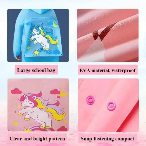Vista 3 de SUFEINI Chubasquero para niños, traje de lluvia para niños de 6 a 13 años, para niños y niñas, con dibujos animados 3D, chaqueta impermeable