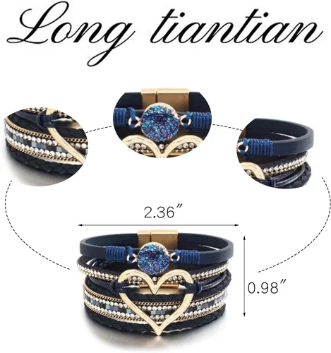 Vista 4 de Long tiantian Pulseras para mujer, pulseras bohemias modernas con corazón, joyería con cierre de puño, multicapa, pulseras de cuero para mujer