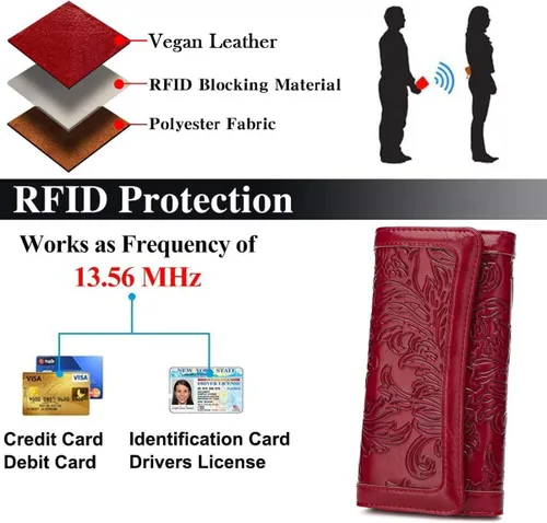 Vista 21 de MEITRUE Cartera de cuero para mujer, con bloqueo RFID, triple pliegue, con relieve, soporte para tarjetas, organizador de chequera para teléfono
