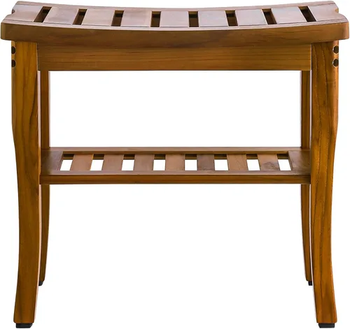 Vista 4 de VaeFae Banco de ducha de teca, taburete de ducha de baño de spa con estante de almacenamiento, taburete de asiento de madera para baño