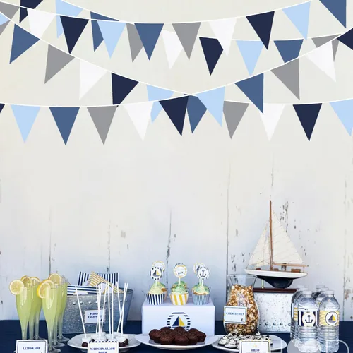 Vista 3 de Decoraciones de fiesta azul profundo de 32 pies, bandera triangular real, banderines de tela para boda, cumpleaños, Ahoy, Achor, pirata náutico