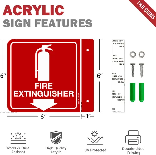Vista 2 de Señal de extintor de incendios T&R, extintor de incendios con flecha hacia abajo - Paquete de 12 - Acrílico de 6 x 6 pulgadas, 2 orificios