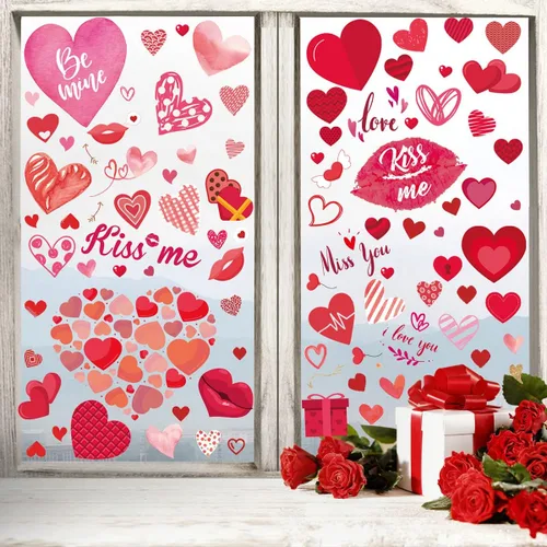 Vista 4 de 9 hojas de calcomanías para ventana del día de San Valentín, calcomanías de doble cara para ventana, diseño de labios rojos con corazón rosa