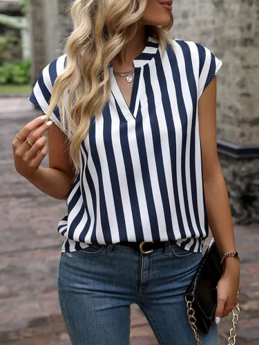 Vista 3 de WDIRARA - Blusa a rayas con volantes, manga casquillo y cuello en V con muesca para mujer