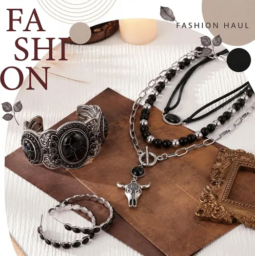 Vista 2 de 3 piezas de joyería boho occidental para mujer, conjunto de joyas de turquesa, aretes vintage, pulsera, collar bohemio occidental para mujer Negro