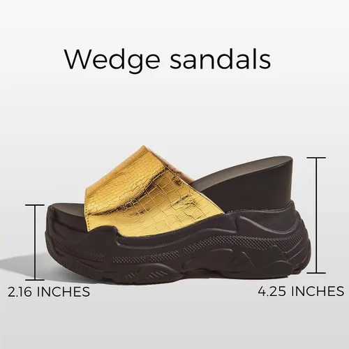 Vista 3 de K KIP WOK Sandalias gruesas de cuña para mujer, tacón grueso, plataforma de verano, sandalias con lentejuelas y puntera abierta, zapatos de piel