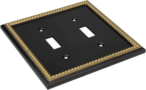 Vista 5 de Placa decorativa de pared con marco perlado para placa de interruptor (palanca doble, negro y dorado oscuro)