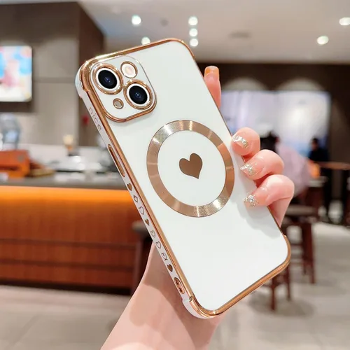 Vista 7 de Funda magnética para iPhone 13, para mujeres y niñas, chapado de lujo, lindo corazón de amor, cubierta trasera suave, protección completa de lente