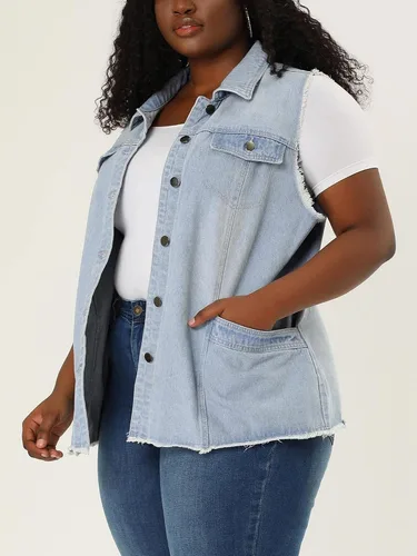 Vista 2 de Agnes Orinda Chaquetas de mezclilla para mujer 2023, talla grande, con solapa frontal, deshilachada, lavada, sin mangas, chaleco de mezclilla largo