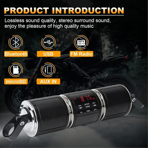 Vista 5 de Sistemas de altavoces para motocicleta BT impermeables, altavoces estéreos, montaje de barra de 7/8-1.25 pulgadas con entrada AUX, USB, microSD
