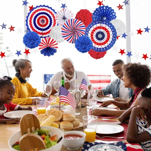 Vista 6 de MOVINPE Juego de decoraciones patrióticas para fiestas del 4 de julio, abanicos de papel para colgar con la bandera estadounidense, bolas de flores