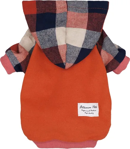 Vista 5 de Fitwarm - Chaleco de algodón para perros y gatos, diseño a cuadros con capucha (naranja, XS)