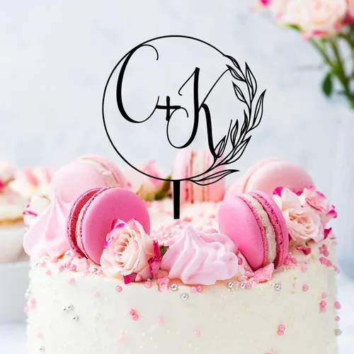 Vista 5 de Decoración acrílica personalizada para tarta de boda, monograma, iniciales de novio, nombres grabados, decoración negra para tartas de boda