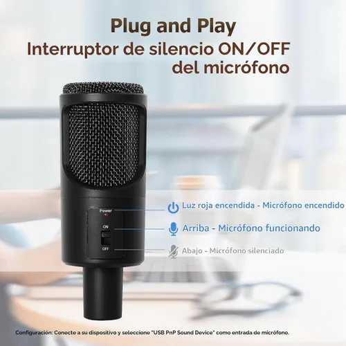 Vista 4 de Micrófono USB para PC, micrófono de condensador de podcast con interruptor de silencio de trípode plegable para transmisión, juegos, podcasting