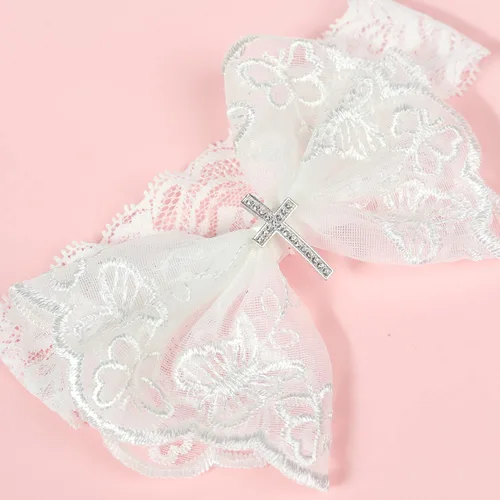 Vista 8 de BBTDIN Diademas de bautizo para bautizo para bebés y niñas, con encaje de flores, lazo blanco BBG11 (B1-Bow con cruz)