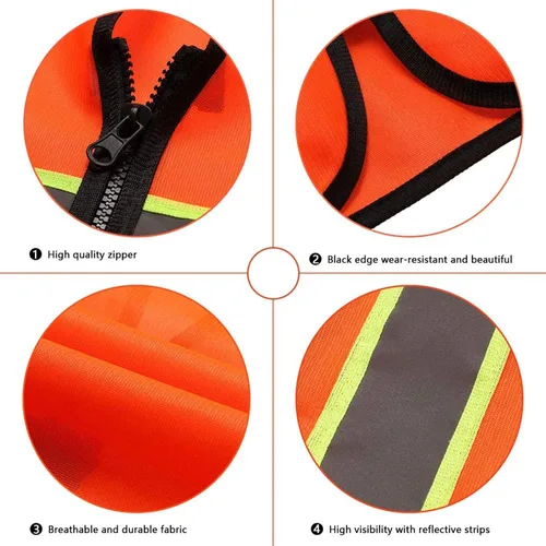 Vista 4 de Tekware Chaleco de seguridad con tiras altamente reflectantes, paquete de 10 protectores de construcción de color neón brillante con cremallera