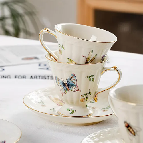 Vista 2 de Juego de taza de té y platillo de porcelana, taza de café de cerámica de 8.5 onzas líquidas con platillo y cuchara, taza de café vintage con ribete