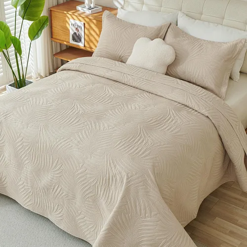 Vista 8 de Cmfshape Juego de edredón beige tamaño Queen – Ropa de cama ligera de hoja de palmera, edredón crema neutro, juego de edredón beige Queen y opción