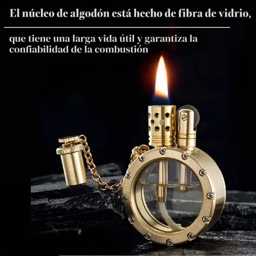 Vista 5 de Encendedor de queroseno antiguo vintage con diseño creativo de botella transparente, estilo steampunk fresco, rueda de encendido, regalos de Dorado