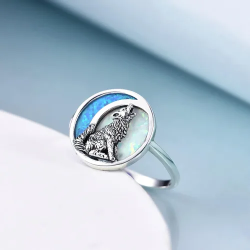 Vista 5 de POPKIMI Anillos de lobo de plata de ley de ópalo para mujer, joyería de lobo de ópalo, luna, lobo, regalos de lobo aullador, joyería para amantes